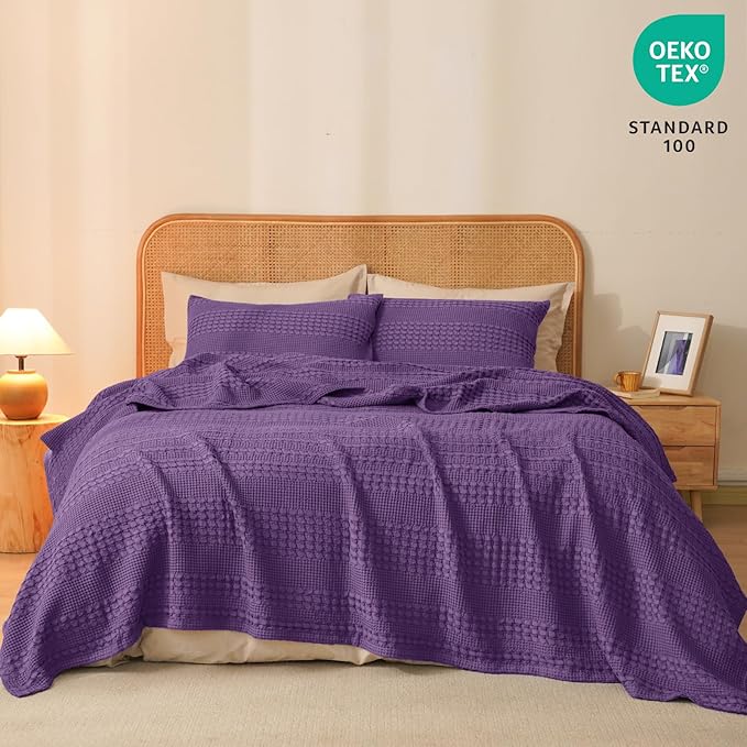 PHF 100% Cotton Waffle Weave Blanket Queen Size, Soft Lightweight Breathable Cozy Summer Blankets for Bed, Luxury Aesthetic Woven Bedding for Home Decor, 90"x90", Grape Purple