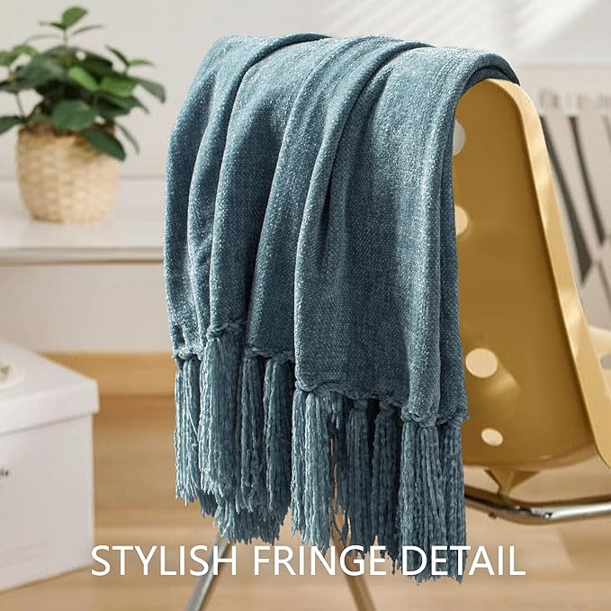 Chenille Throw Blanket for Couch 60"X 80" Twin, Soft Cozy Throws with Fringe Tassel for Bed Sofa Chair Cover, Lightweight Knitted Decorative Boho Blankets for Living Room, Dusty Blue