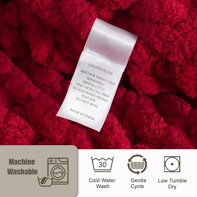 Chunky Knit Throw Blanket 60"X 80", 100% Handmade with Soft Chenille Yarn, 4.4lbs Thick Cable Knitted Blankets, Large Rope Knot Crochet Throws for Couch Sofa Bed Home Decor, Red