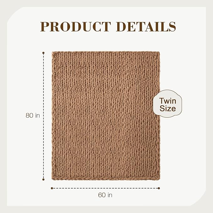 Carriediosa Chunky Knit Throw Blanket 60" X 80" Twin, 100% Hand Made Large Chenille Loop Yarn Soft Fluffy Throws for Couch Sofa Bed, Big Crochet Cozy Heavy Thick Cable Woven Blanket, Light Brown