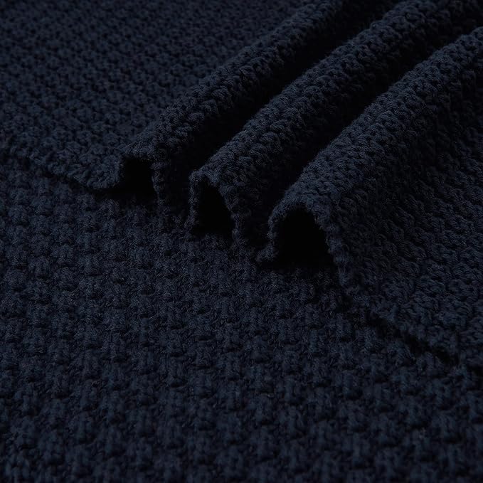 Longhui bedding Dark Navy Blue Knitted Throw Blanket for Couch, Soft, Cozy Machine Washable 100% Cotton Sofa Knit Blankets, Heavy 4.0lb Weight, 60 x 80 Inches, Dark Navy Blue Color.