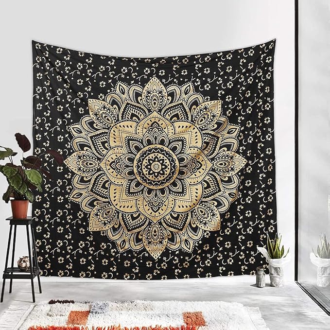 Rajsee Gold Mandala Tapestry - Boho Bedroom Aesthetic - Trippy Large Wall Hanging - Black Gold Wall Art 82x92 Inches