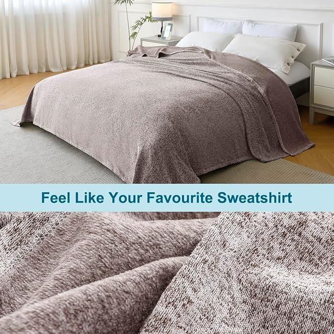 KAWAHOME Summer Sweatshirt Blanket King Size for Bed-Lightweight Breathable Blankets,Soft Thin Knit Jersey Blanket for Hot Sleepers,108 X 90 Inches, Heather Brown
