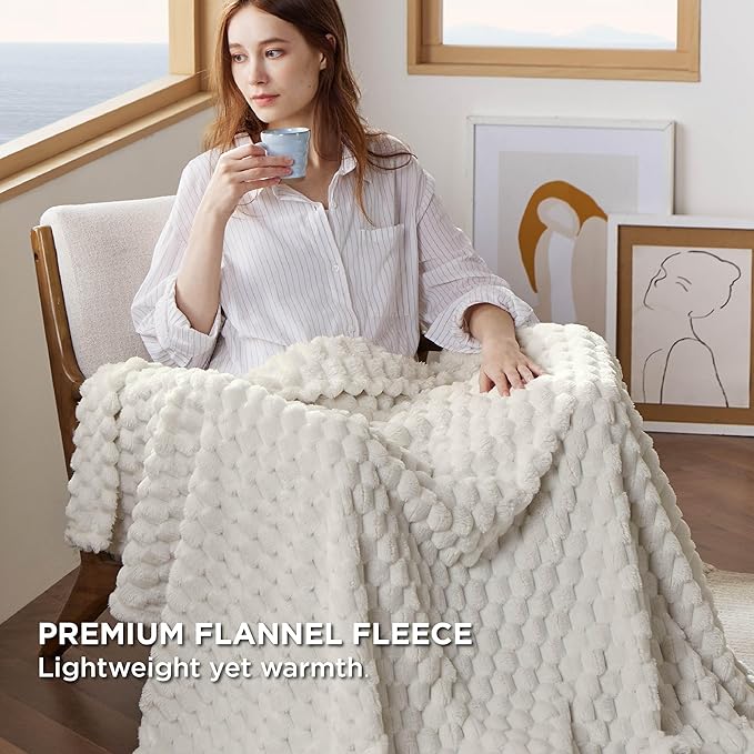 Bedsure Throw Blanket for Couch - Super Soft, Cozy Blankets for Women, Cute Small Fleece Gifts for Girls, Off White, 50x70 Inches