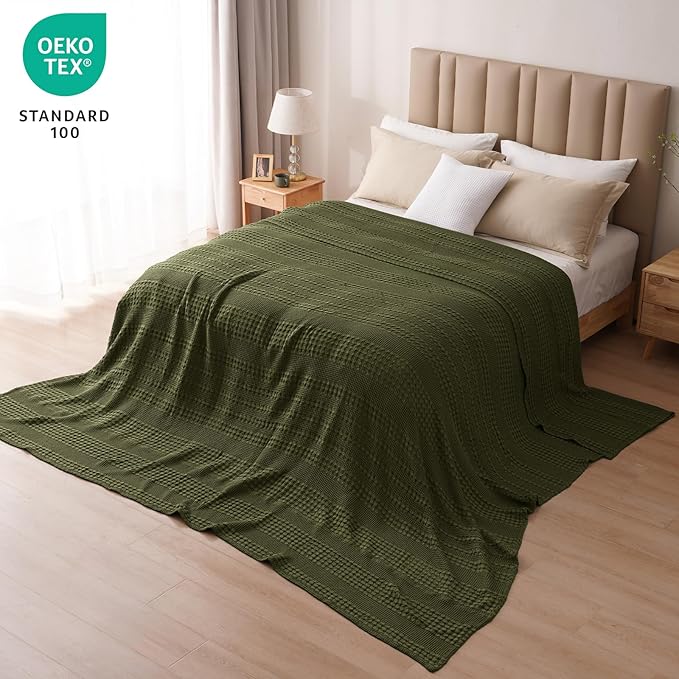 PHF 100% Cotton Waffle Blanket Oversized King 120"x120", Lightweight Breathable Extra Large 10'x10' Summer Blankets for Bed, Giant Big Luxury Aesthetic Woven Bedding for Home Decor, Capulet Olive