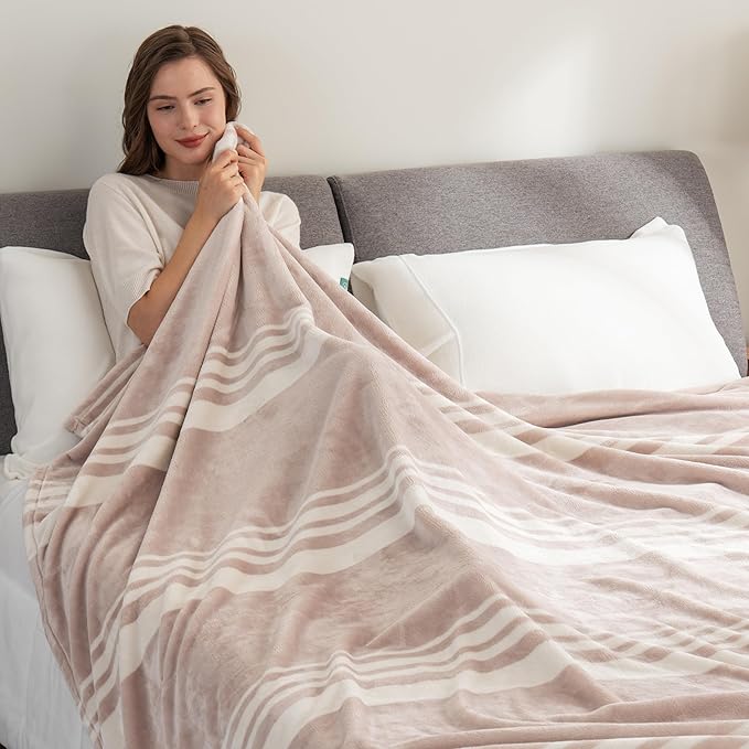 Berkshire Blanket-Classic Heavyweight Soft Printed VelvetLoft® Plush Warm Blanket, Twin Size Soft Fuzzy Blanket for Couch Sofa Bed, Stripe Cream, 60in x 90in