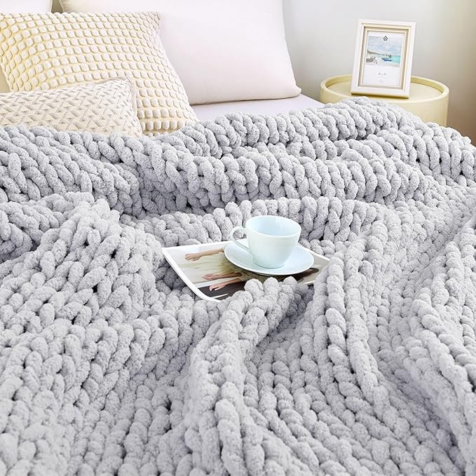 Admitrack Chunky Knit Blanket Throw, 100% Hand Knit Chenille Throw Blanket for Sofa & Home Decor, Soft and Cozy Knitted Throw Blankets (Light Gray,51"x63")