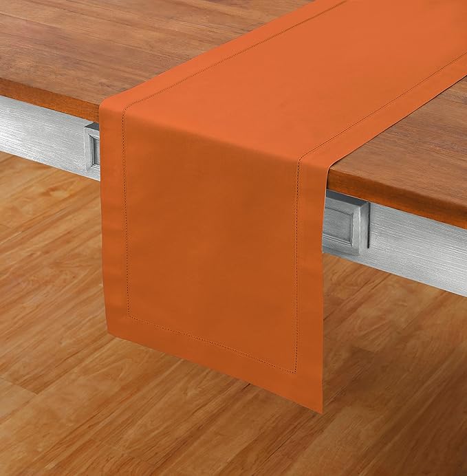 Solino Home Cotton Linen Table Runner 36 Inches - Pumpkin Hemstitch Table Runner 14 x 36 Inch Ideal for Dresser and Coffee Tables - Fall, Autumn, Halloween