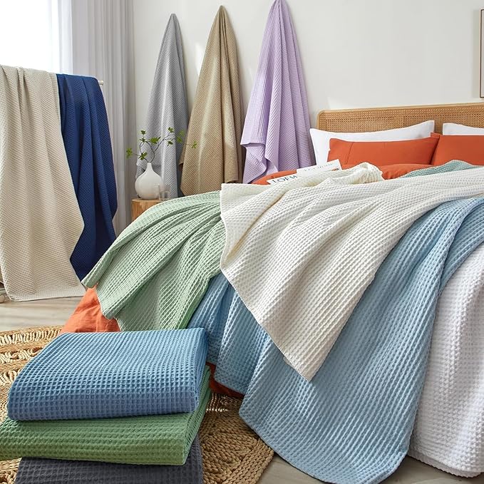 PHF Pre-Washed Cotton Waffle Weave Blanket Throw Size for Couch Bed,Snag Proof Spring Summer Lightweight Breathable,Oeko-TEX Certified,Machine Washable, Home Decor Gift,Cappuccino