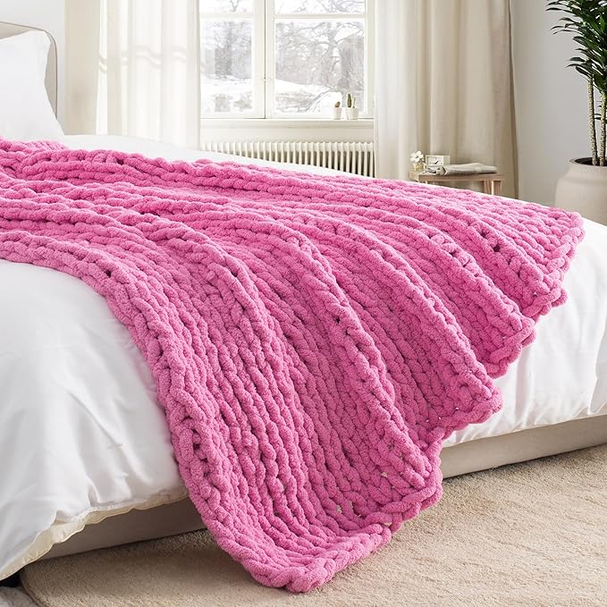 Chunky Knit Throw Blanket 60"X 80", 100% Handmade with Soft Chenille Yarn, 4.4lbs Thick Cable Knitted Blankets, Large Rope Knot Crochet Throws for Couch Sofa Bed Home Decor, Hot Pink