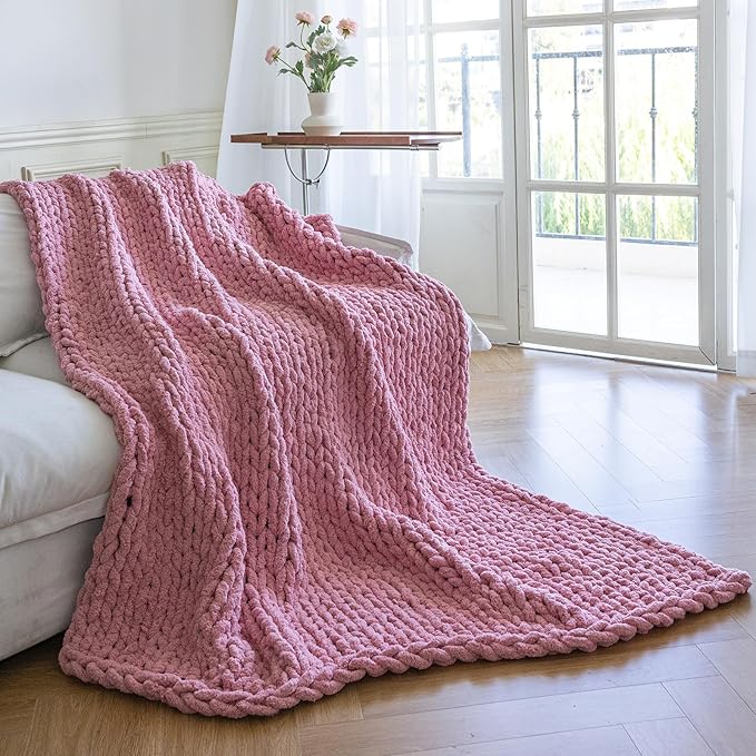 Chunky Knit Blanket - Luxury Soft Cozy King Size(60 * 80) Throw Blanket,100% Woven Blanket Rope Knot Throw Blanket for Couch, Sofa, Home Decor, Gift - Machine Washable(Pink)