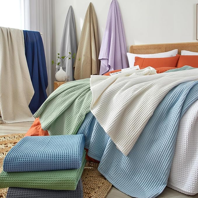 PHF Pre-Washed Cotton Waffle Weave Blanket Throw Size for Bed Couch,Snag Proof Spring Summer Lightweight Breathable,Oeko-TEX Certified,Machine Washable, Home Decor Gift,Dark Navy