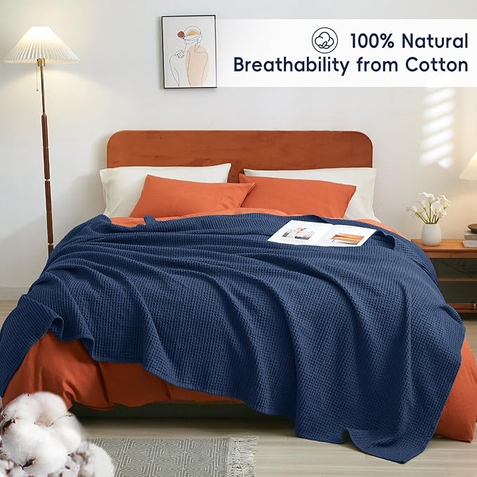 PHF Pre-Washed Cotton Waffle Weave Blanket Twin Size for Bed,Snag Proof Throw for Couch Spring Summer Lightweight Breathable,Oeko-TEX Certified,Machine Washable,Home Decor Gift-Bright Navy Blue