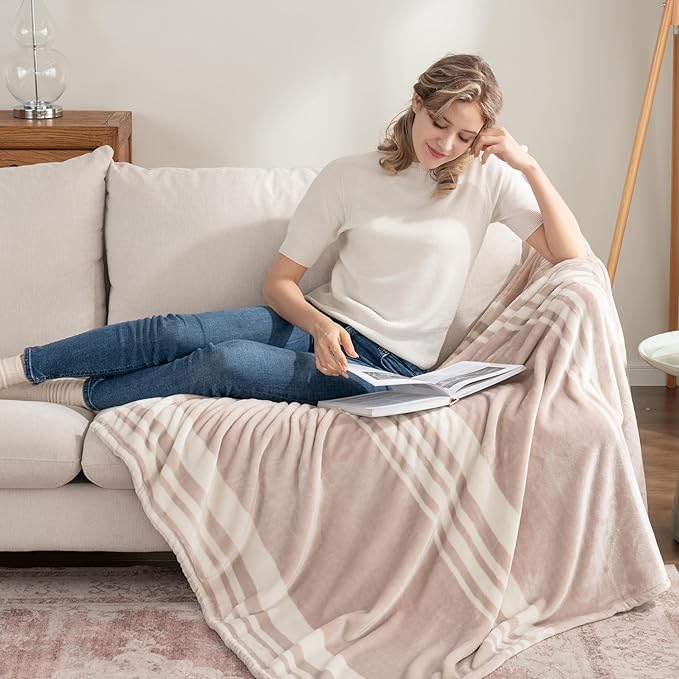 Berkshire Blanket-Classic Heavyweight Soft Printed VelvetLoft® Plush Throw Blanket, Cozy and Fuzzy, Stripe Cream, 50in x 70in