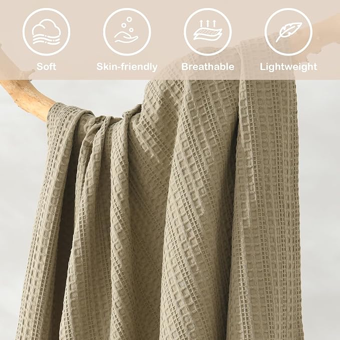 100% Cotton Waffle King Blanket with Fringe 104"x90", Pre-Washed Waffle Weave Blanket for All Season, Lightweight Breathable Soft Cozy Throw Blanket for Couch, Bed, Travel (Sage Green)
