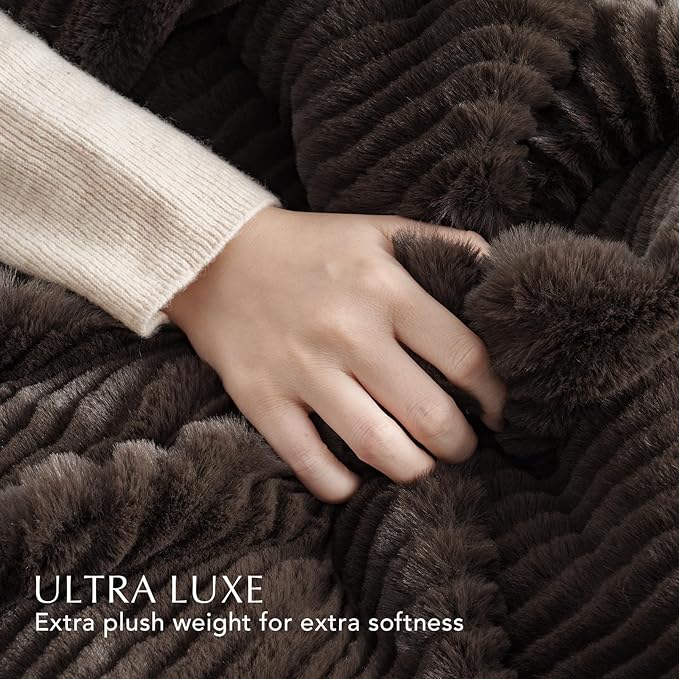 Ultra Soft Faux Fur Throw Blanket for Couch, Luxury Sculpted Texture Faux Rabbit Fur Blanket for Bed, Fluffy Thick Plush Warm Fuzzy Throw, 920GSM (Dark Brown, 50''x60'')
