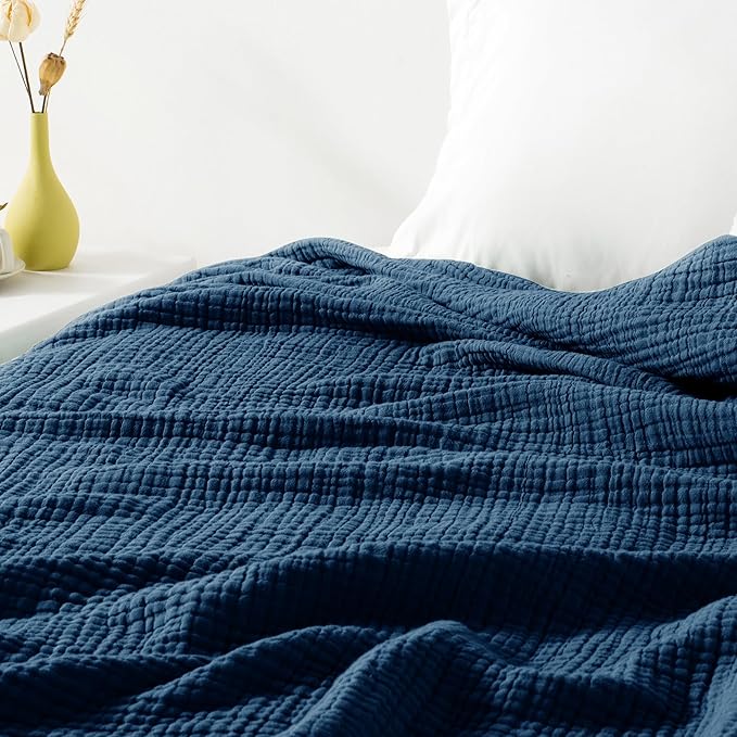 Carriediosa 100% Cotton Muslin Throw Blanket 108" X 90" King Size,4-Layers Summer Gauze Throws for Bed Couch,Soft Lightweight Breathable Linen Blankets Bedspread for Adults All Season,Navy Blue