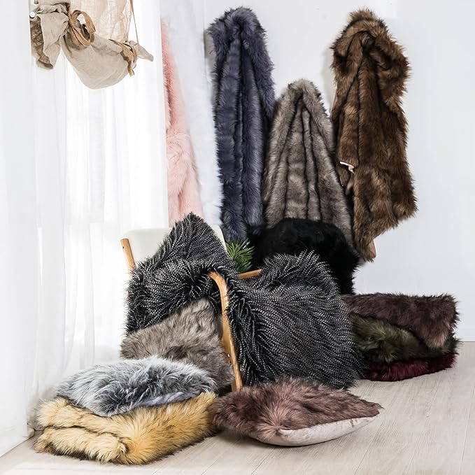 Luxury Faux Fur Blanket King Size, Ultra Big Grey and Black High Pile Mixed Faux Fur Throw Blanket, Oversized Super Warm, Fuzzy, Elegant, Fluffy Decoration Throws for Sofa, Couch and Bed, 104''x 90''