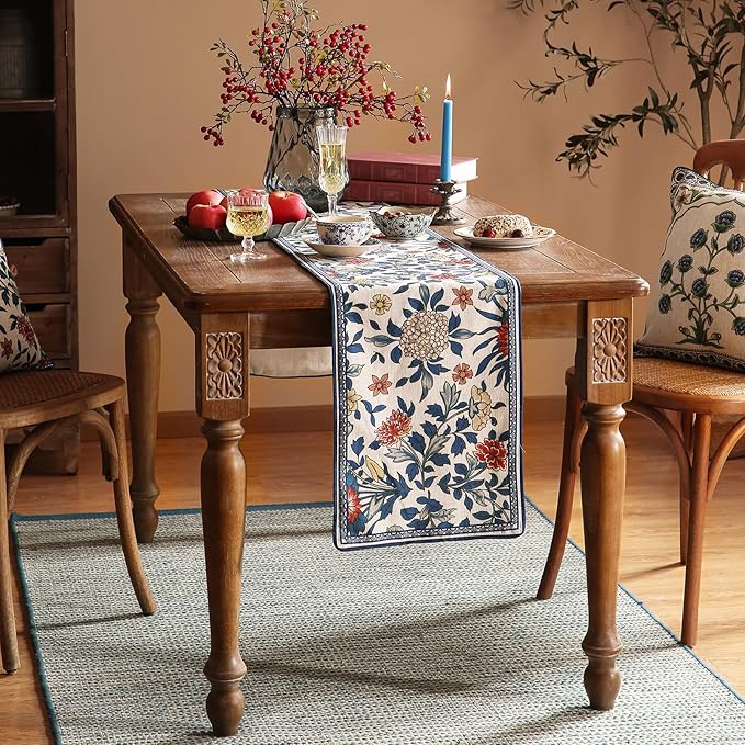 patdrea Designer Blue Cottage Rustic Floral Patterned Linen Table Runner 71 Inch Long,Wrinkle Resistant Table Mat,Decoration for Kitchen Dining and Coffee Tables Banquet Christmas , 12"x71"