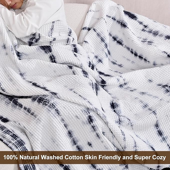PHF 100% Cotton Tie-dye Waffle Weave Blanket King,Soft Breathable Skin-Friendly Durable Layering for All Season, Manual Elegant Delicate Pattern for Bed, Home Decor, Couch,Tie Dyed Charcoal, 104x90