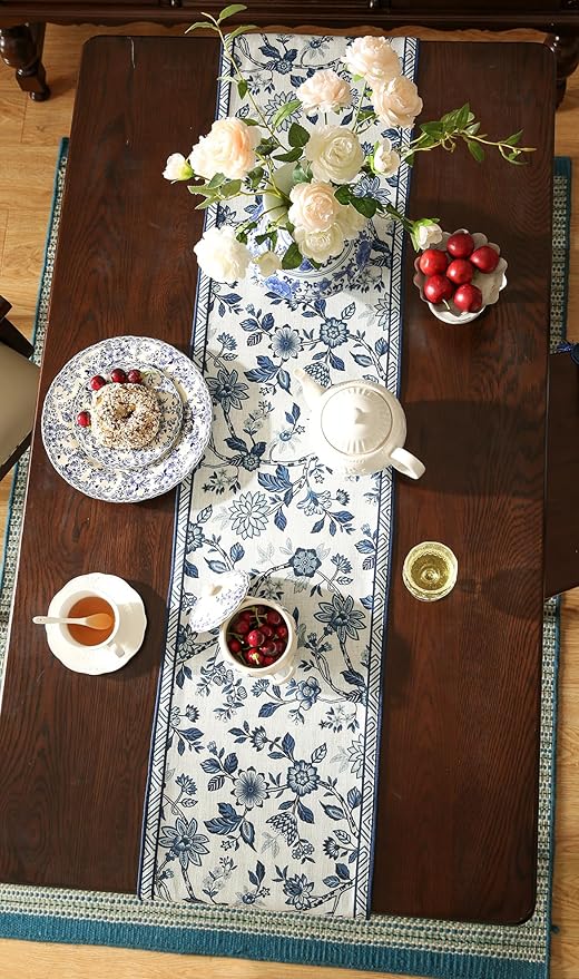 Decorative Linen Table Runner 87 Inches Long,Chinoiserie Blue Floral Cloth Runner for Coffee Table Decor Tabletop Table Runners for Kitchen,Dining,Party,Home,Christmas,12"*87"