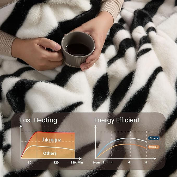 Luxury Faux Fur Heated Blanket Electric Throw - Zebra Print Ultra Soft Thick Warm Heated Blanket, 6 Heating Levels & 12 Hours Auto-Off, ETL Certified, Washable, Luxurious Gifts, 50''x60''