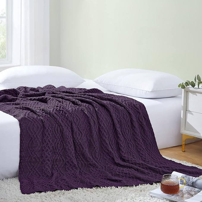 Aormenzy Purple Cable Knit Throw Blanket, Soft & Warm Knitted Blanket Throw for Couch Bed Sofa Living Room, 50 x 60 Inch