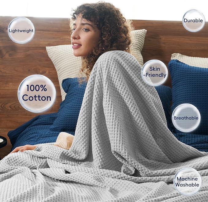 PHF Pre-Washed Cotton Waffle Weave Blanket King Size for Bed,Snag Proof Throw Blanket for Couch Spring Summer Lightweight Breathable,Oeko-TEX Certified,Machine Washable,Home Decor Gift,Light Grey