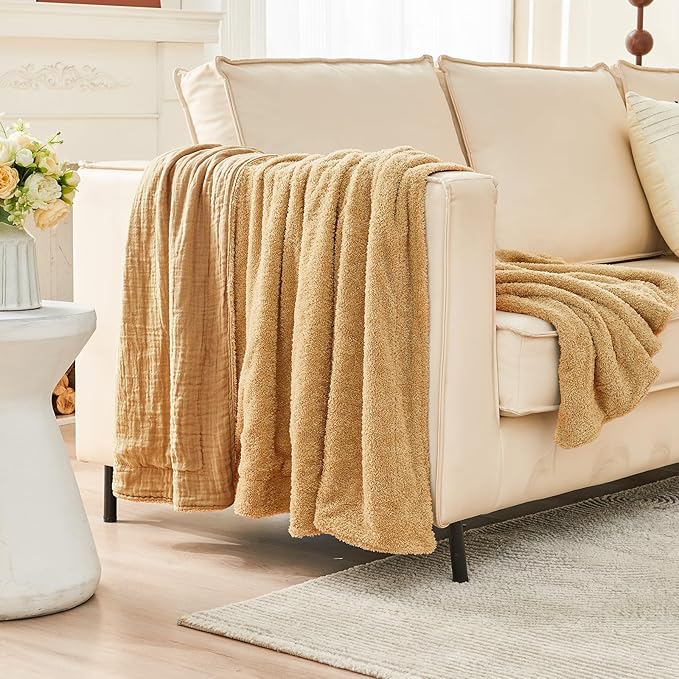 EMME Muslin Cotton Fleece Throw Blanket Reversible - 50"*60" Beige Soft Warm Throw Blankets for Couch Bed Picnic Travel Bed