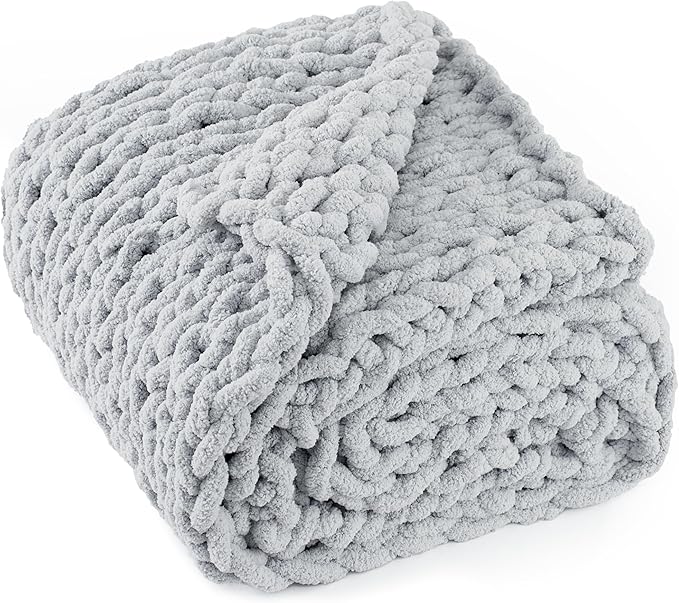 Chunky Knit Throw Blanket 60"X 80", 100% Handmade with Soft Chenille Yarn, 4.4lbs Thick Cable Knitted Blankets, Large Rope Knot Crochet Throws for Couch Sofa Bed Home Decor, Light Grey