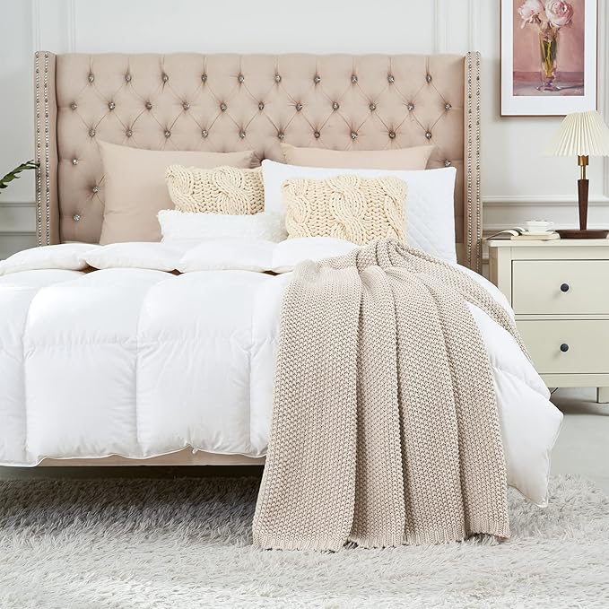 Longhui bedding Chunky Cable Knit Throw Blanket Lightweight Beige 100% Organic Cotton Blanket for Sofa Couch Bed Baby Nursery, Rustic Shabby Chic Modern Farmhouse, 60” x 80”