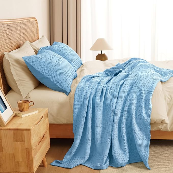 PHF 100% Cotton Waffle Weave Throw Blanket, Soft Lightweight Breathable Cozy Summer Throws for Couch Bed Sofa, Luxury Aesthetic Woven Blanket for Home Decor & Office, 50"x60", Sky Blue
