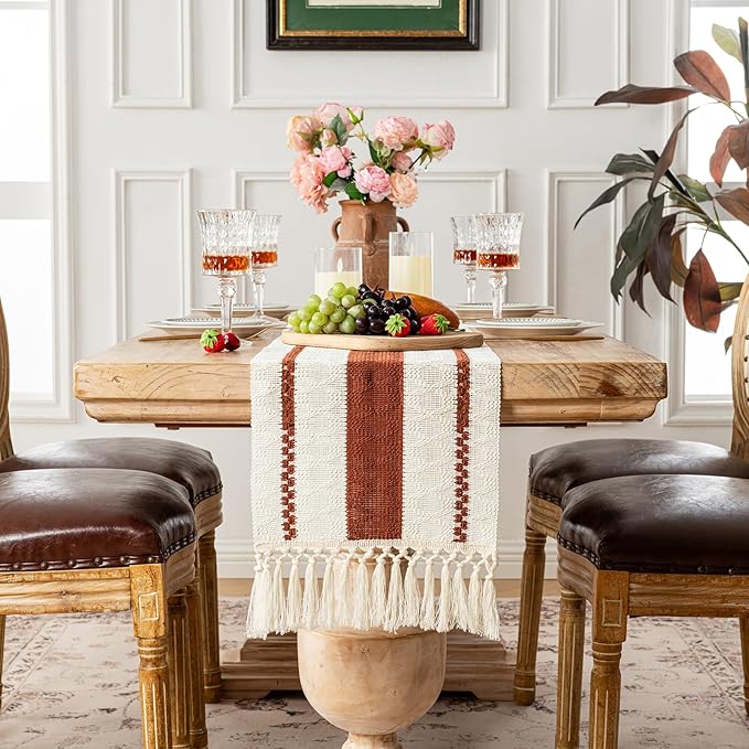 Fancy Homi Rust Table Runner 108 Inches Long Boho Macrame Table Runner for Home Decor, Terracotta Farmhouse Table Runners with Tassels for Party Rustic Bridal Shower Dining Decor 12x108 Inches