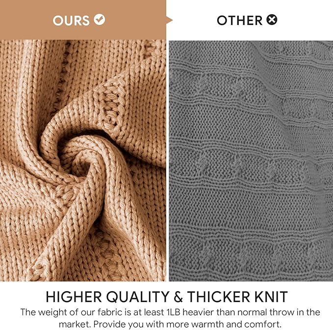 RECYCO Cable Knit Light Brown Throw Blanket Twin Size for Couch, Super Soft Warm Cozy Decorative Knitted Throw Blanket 3.6LB for Bed, Sofa, Chair Large 60"x80"