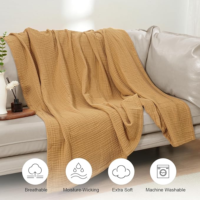PHF 100% Cotton Muslin Throw Blanket 50" x 60", 4-Layer Lightweight and Breathable Blanket for Summer, Luxuriously Soft Gauze Throws for Couch, Natural Minimalism Style, Ideal Gift, Honey Yellow