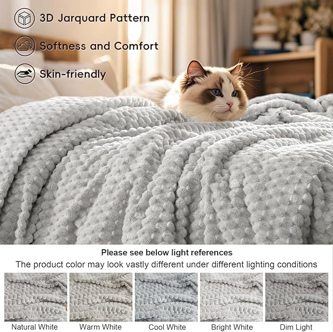 PHF Ultra Soft Flannel Fleece Blanket Queen Size, Lightweight 3D Jacquard Fleece Blanket, No Shedding, No Pilling, Luxury 340GSM Aesthetic Fluffy Cozy for Bed Room Decor, 90"x90", Light Grey