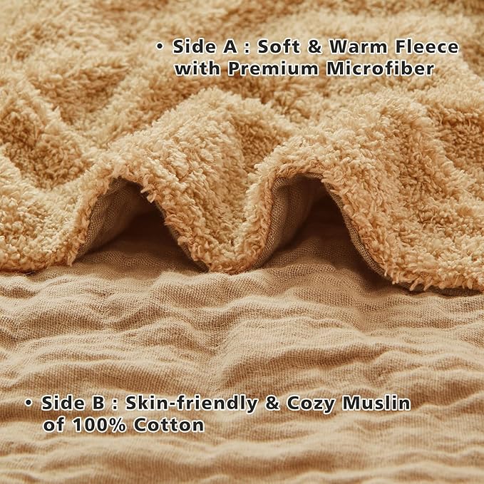 EMME Muslin Cotton Fleece Throw Blanket Reversible - 50"*60" Beige Soft Warm Throw Blankets for Couch Bed Picnic Travel Bed