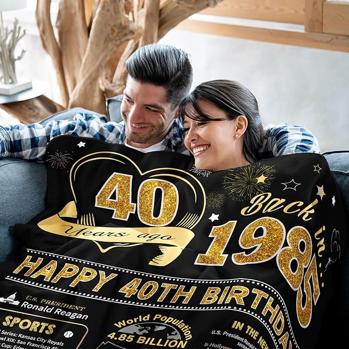 40th Birthday Gifts Women Men, 40 Year Old Birthday Gifts for Women Men, 40th Bday Gift Ideas Throw Blanket 60 x 50 Inch, 1985 Bday Gift for Woman Man, 40 Yr Old/Forty Presents for Female Male