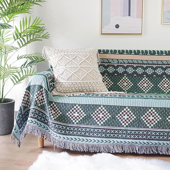 Luxlovery Beige and Purple Bohemian Sofa Throw Blankets Ethnic Woven Boho Geometric Multicolor Throw Blanket for Couch Aztec Bed Throws Oversized Chair Sofa Cover with Tassels(63"x86")