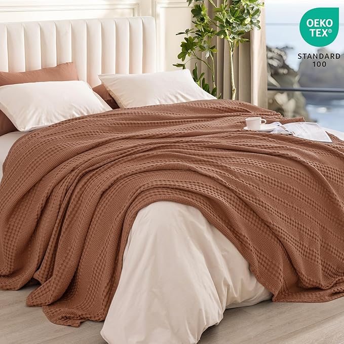 PHF Cooling Waffle Blanket Twin Size, Lightweight 60% Rayon Derived from Bamboo & 40% Cotton Breathable Blanket for Hot Sleepers, Soft and Luxury for Bed Couch and Sofa, 66"x90", Burnt Umber