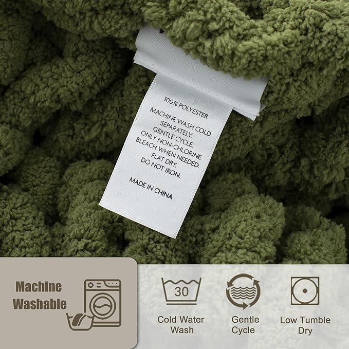 Chunky Knit Throw Blanket 50"X 60", 100% Handmade with Soft Chenille Yarn, 4.4lbs Thick Cable Knitted Blankets, Large Rope Knot Crochet Throws for Couch Sofa Bed Home Decor, Olive Green