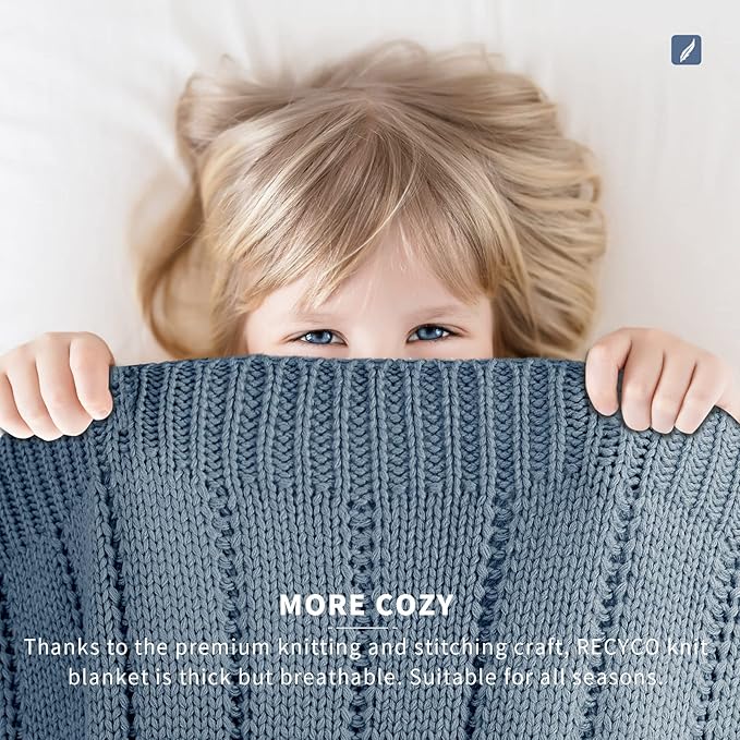 RECYCO Cable Knit Dusty Blue Throw Blanket Twin Size for Couch, Super Soft Warm Cozy Decorative Knitted Throw Blanket 3.6LB for Bed, Sofa, Chair Large 60"x80"