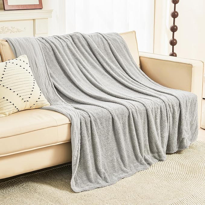 EMME Muslin Cotton Fleece Twin Blanket Reversible - 60"*80" Grey Soft Warm Throw Blankets for Couch Bed Picnic Travel Bed