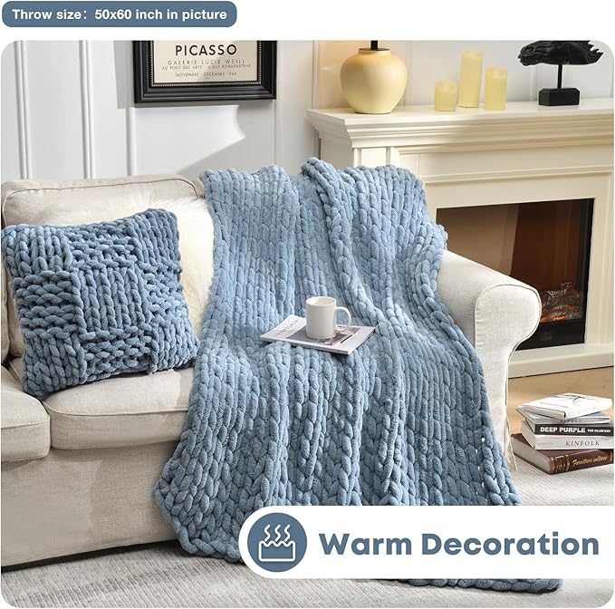 Soft Chunky Knit Blanket, 50X60 in Handmade Thick Chenille Yarn Throw Without Shedding & Raveling, Aesthetic & Cozy Home Decor with Couch Sofa Bed, Gift Pack, Airy Blue