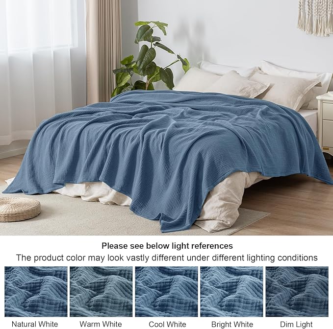 PHF 100% Cotton Muslin Throw Blanket Large 50" x 70", 4-Layer Lightweight and Breathable for Summer, Luxuriously Soft Gauze Throws for Couch, Natural Minimalism Style, Ideal Gift, Captain's Blue