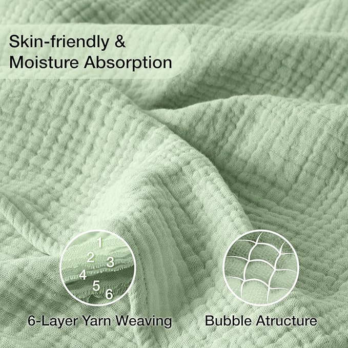 100% Cotton Muslin Blanket King 108" x 90", 6 Layers Breathable and Lightweight Cotton Throw Blanket for Bed, Soft Quilt Bedspread Coverlet, Gauze Blanket for Adults All Season, Sage Green