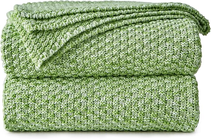 Longhui bedding Grass Green Knitted Throw Blanket for Couch - Soft, Cozy Machine Washable 100% Cotton Sofa Knit Blankets, Heavy 3.0lb Weight, 51 x 63 Inches,Grass Green and White Color.