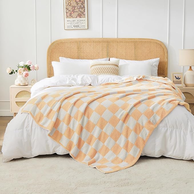 JOOJA Soft Cozy Checkerboard Peach Blanket Fluffy Knit Throw for Couch Plaid Checkered 50x60 in