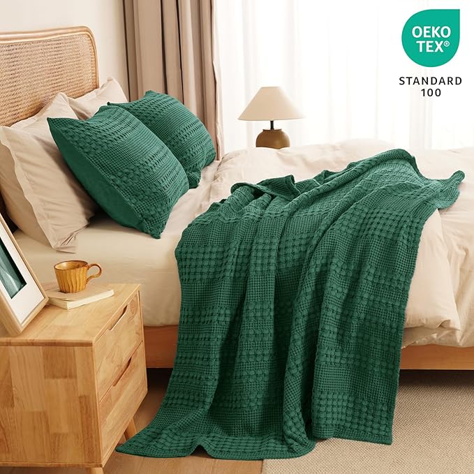 PHF 100% Cotton Waffle Weave Throw Blanket, Soft Lightweight Breathable Cozy Summer Throws for Couch Bed Sofa, Luxury Aesthetic Woven Blanket for Home Decor & Office, 50"x60", Dark Green