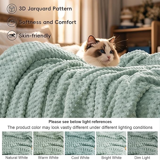 PHF Ultra Soft Flannel Fleece Blanket Queen Size, Lightweight 3D Jacquard Fleece Blanket, No Shedding, No Pilling, Luxury 340GSM Aesthetic Fluffy Cozy for Bed Room Decor, 90"x90", Sage Green